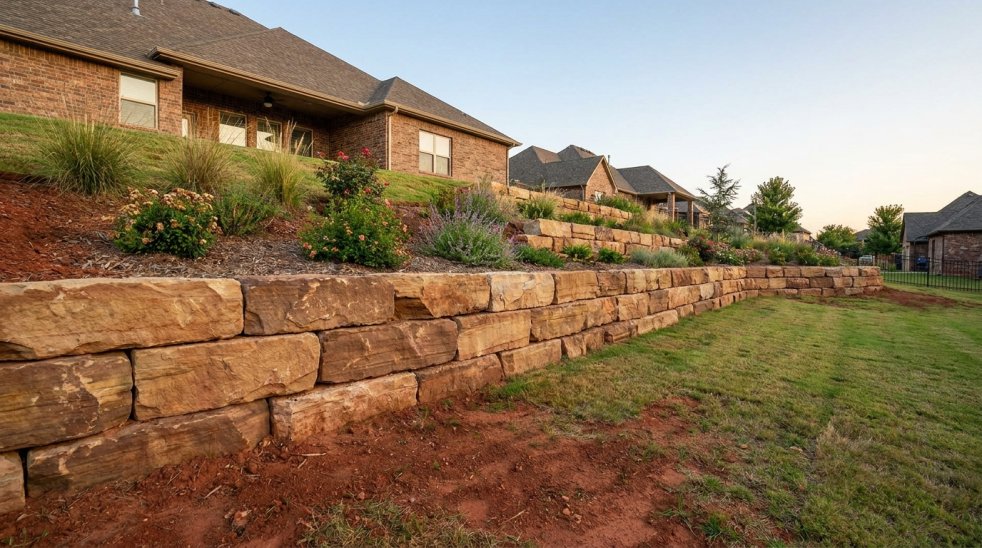Stone retaining wall along landscaped sloped yard beside a suburban home in Oklahoma City